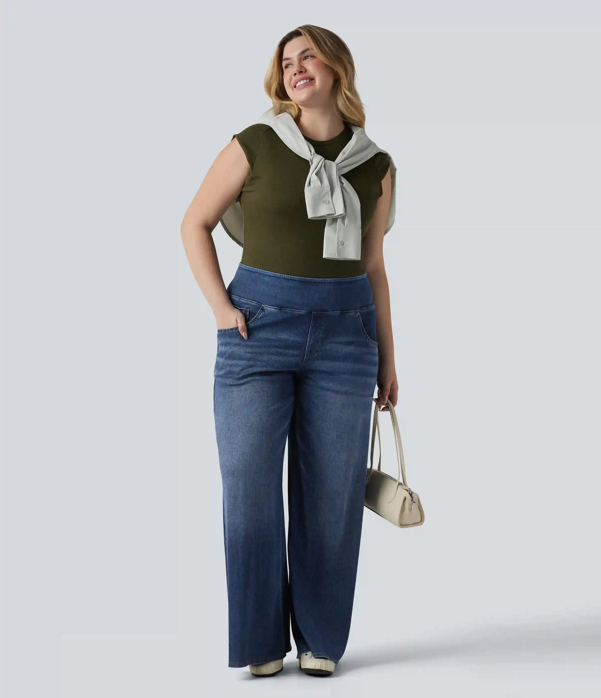 Plus Size Halara Flex™ Mid Rise Draped Lyocell Washed Baggy Casual Jeans with Pockets