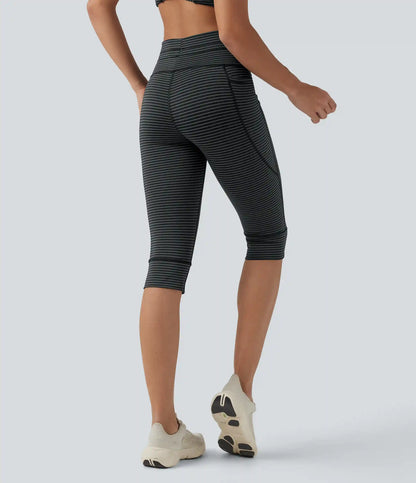 High Waisted Drawstring Stripe Pedal Pusher Yoga Leggings with Pockets