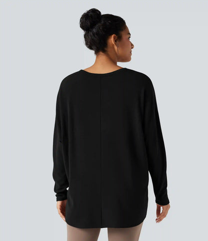 Scoop Neck Long Sleeve High-Low Oversized Thermal Casual Top