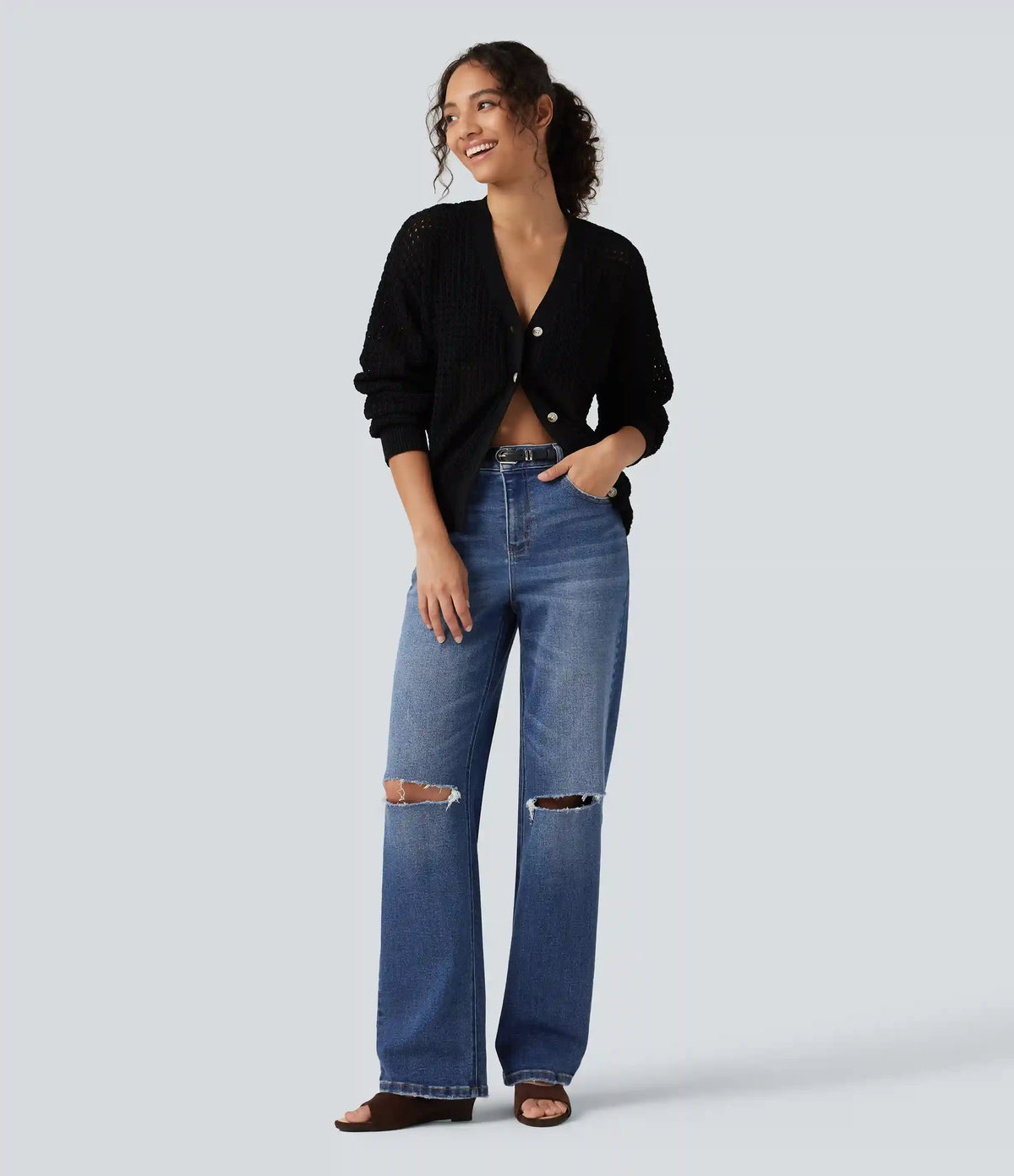 High Waisted Ripped Straight Leg Casual Jeans with Pockets