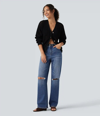 High Waisted Ripped Straight Leg Casual Jeans with Pockets