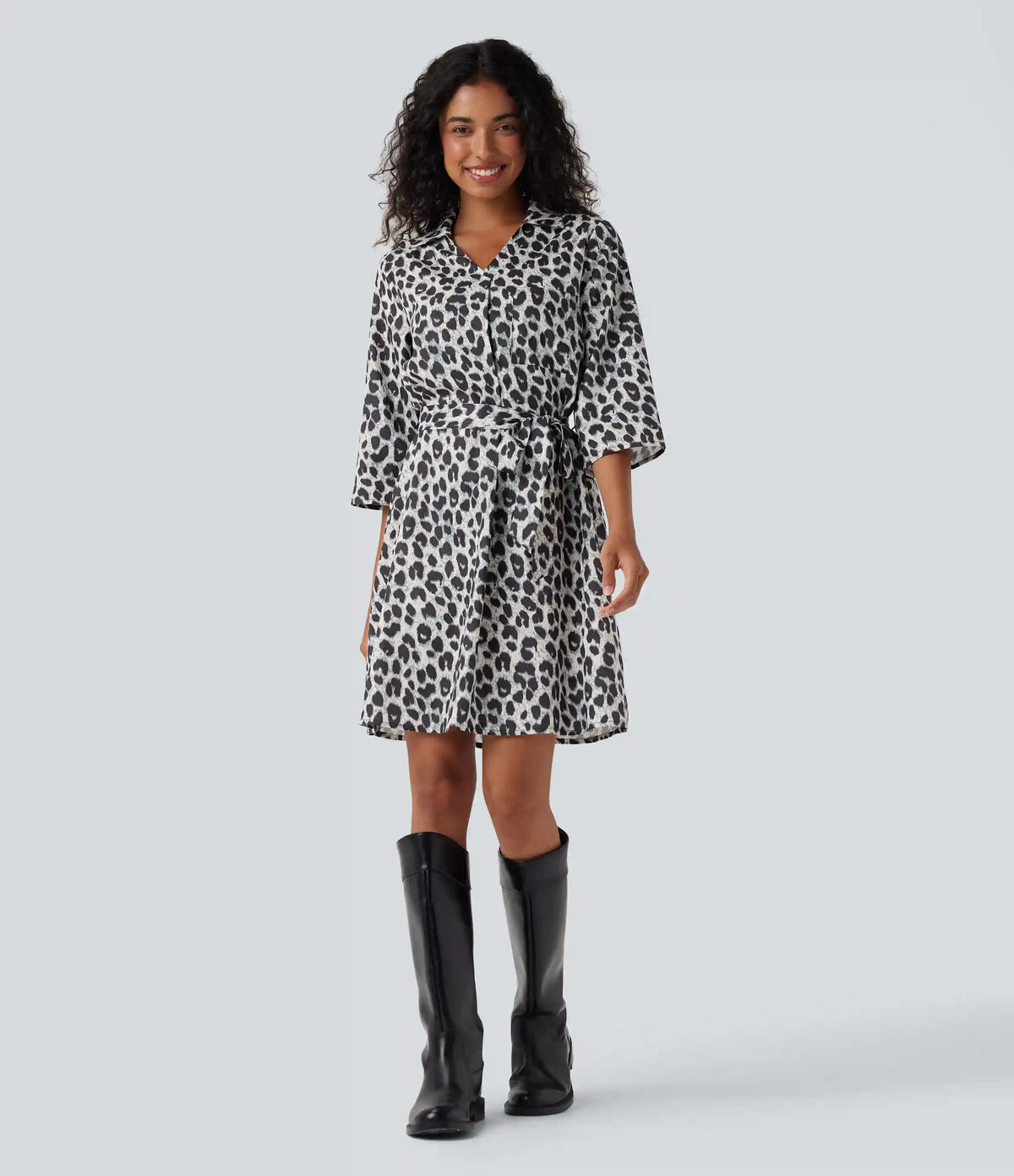 Roll Up Sleeve Belted Leopard Print Casual Shirt Dress with Pockets