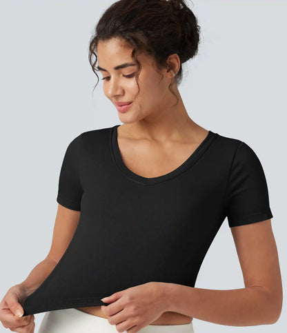 OneForm Seamless Flow V Neck Short Sleeve Built-in Bra Cropped Yoga Sports Top