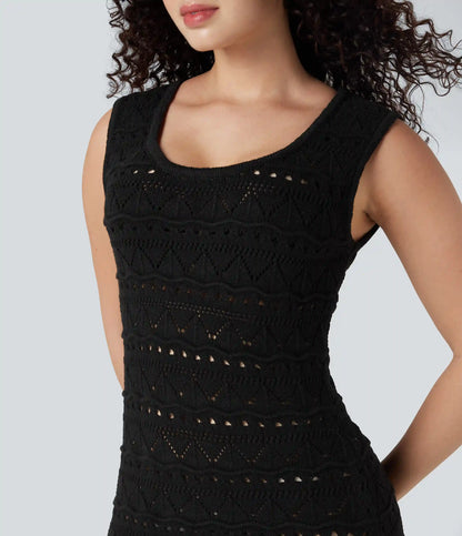 U-Neck Sleeveless Scallop Hem Open Knit Mini Casual Sweater Dress
