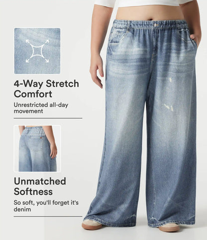 Plus Size Mid Rise Denim Print French Terry Casual Sweatpants Jeans with Pockets