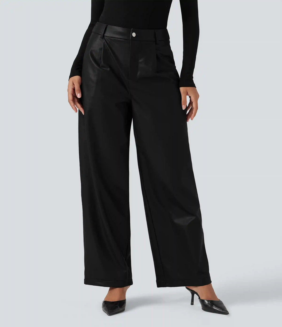High Waisted Wide Leg Fleece Casual PU Leather Pants with Pockets