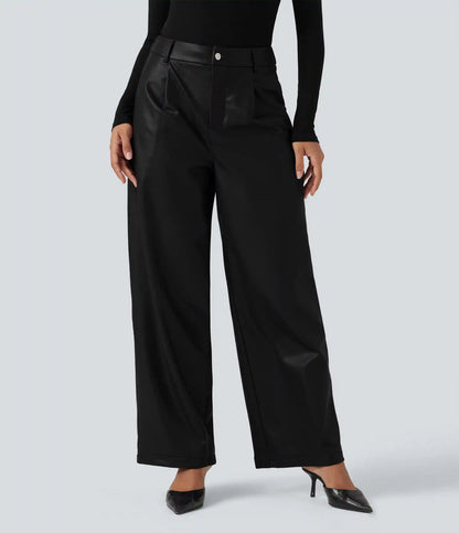 High Waisted Wide Leg Fleece Casual PU Leather Pants with Pockets