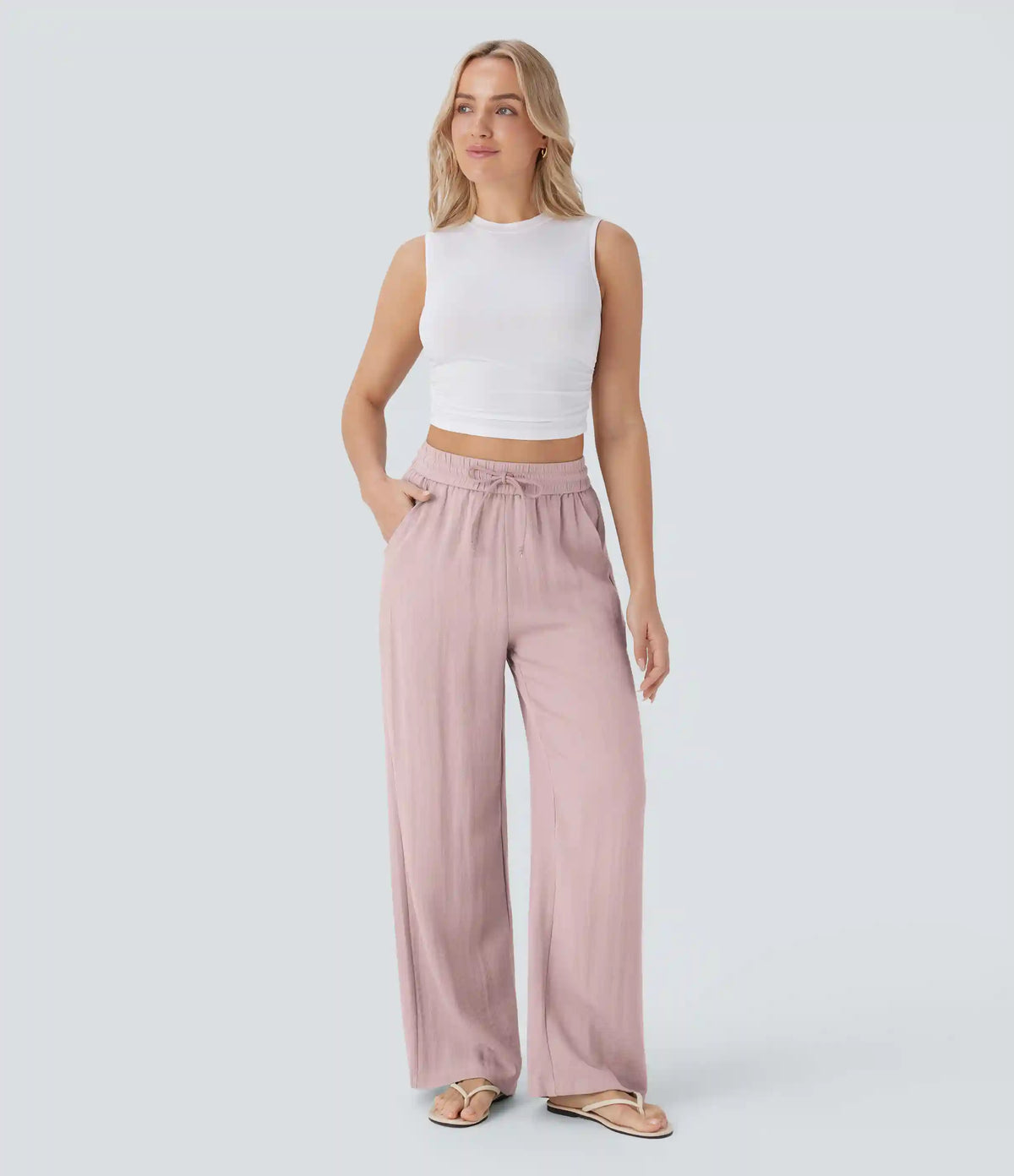 High Waisted Drawstring Pocket Wide Leg Baggy Casual Linen-Feel Pants