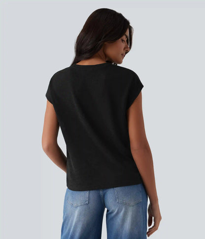 Semi Sheer Notched Short Sleeve Casual T-Shirt