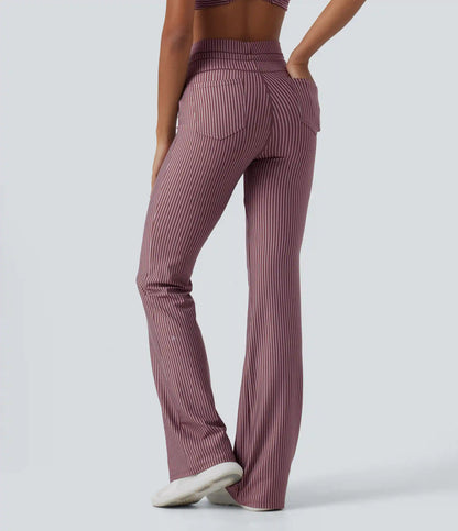 High Waisted Drawstring Stripe Flare Yoga Pants with Pockets