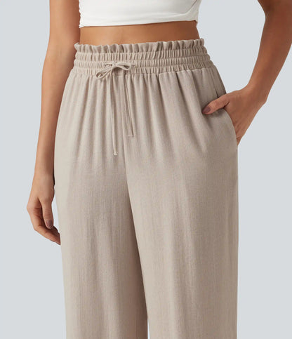 High Waisted Drawstring Casual Linen-Feel Pants with Pockets