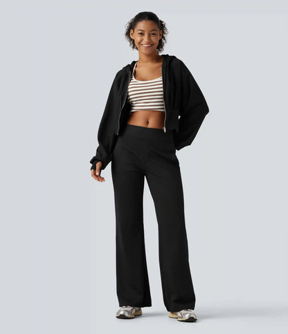 Hooded Raglan Sleeve Cropped Yoga Jacket with Hidden Pocket and Thumb Holes