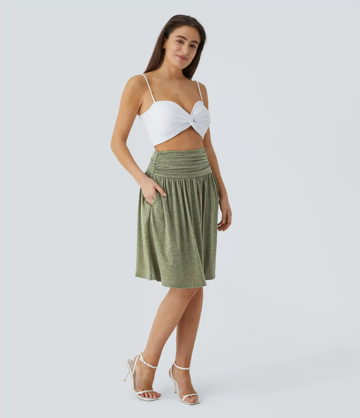 High Waisted Ruched Pocket Flowy Skirt