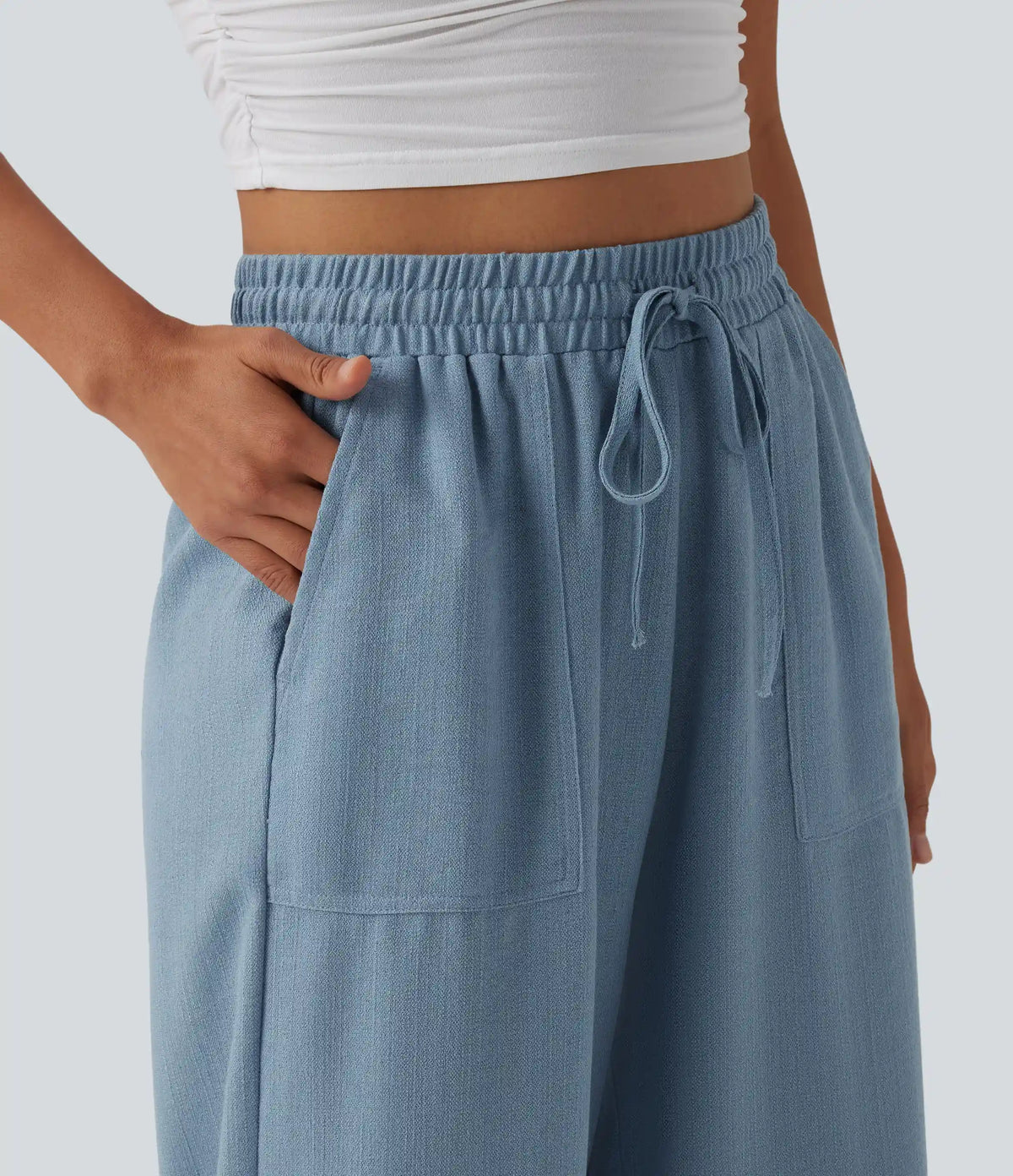 High Waisted Drawstring Wide Leg Casual Linen-Feel Joggers with Pockets
