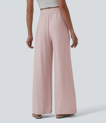 High Waisted Drawstring Wide Leg Casual Linen-Blend Pants with Pockets