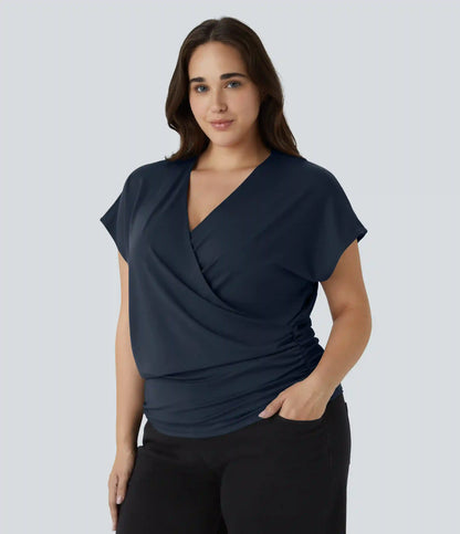 V Neck Cap Sleeve Crossover Ruched Solid Work Plus Size Blouse