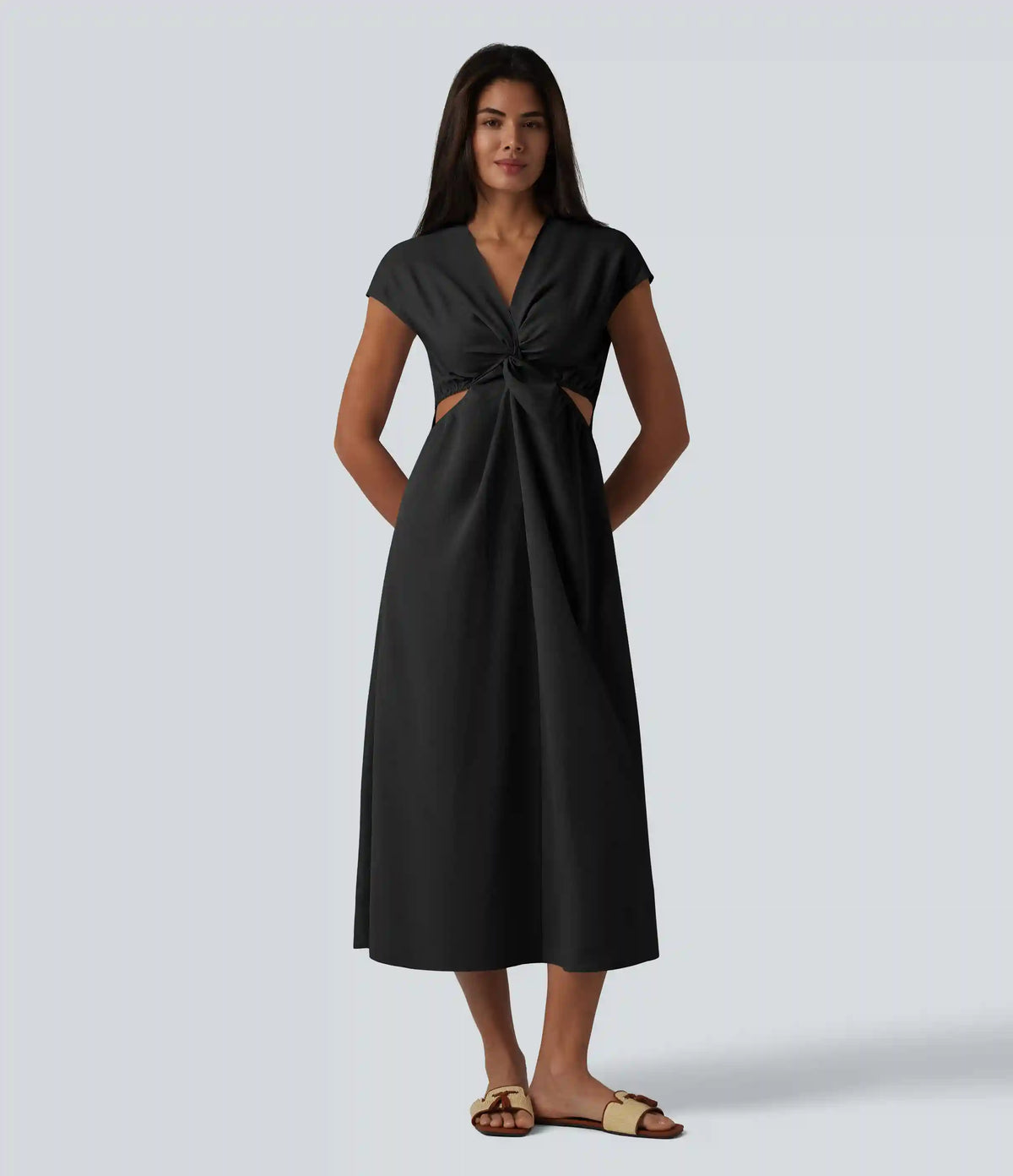 V-neck Short Sleeve Twisted Cut-out Invisible Zipper Midi Resort Dress with Pockets