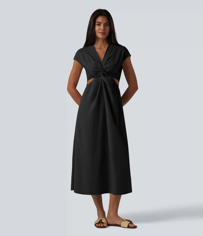 V-neck Short Sleeve Twisted Cut-out Invisible Zipper Midi Resort Dress with Pockets