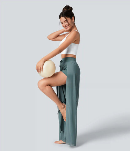 High Waisted Drawstring Contrast Mesh 2-in-1 Pocket Flowy Wide Leg Yoga Pants