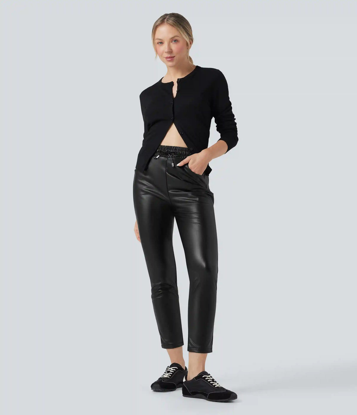 High Waisted Drawstring Stretchy PU Fleece 7/8 Casual Tapered Pants with Pockets