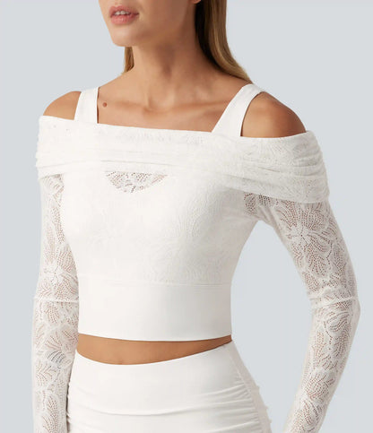 SoftlyZero™ Off Shoulder Long Sleeve Contrast Lace Yoga Sports Top with Built-in Bra