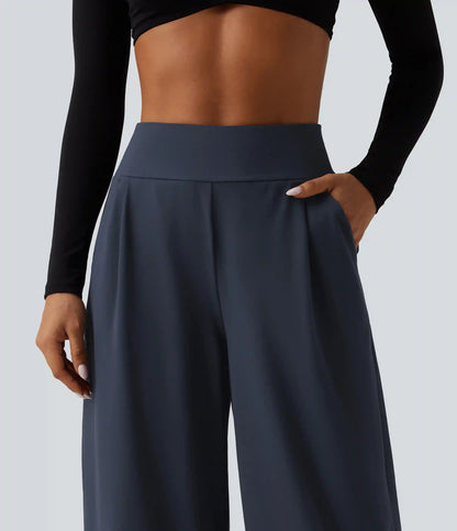 High Waisted Adjustable Drawcord Wide Leg Yoga Pants with Pockets