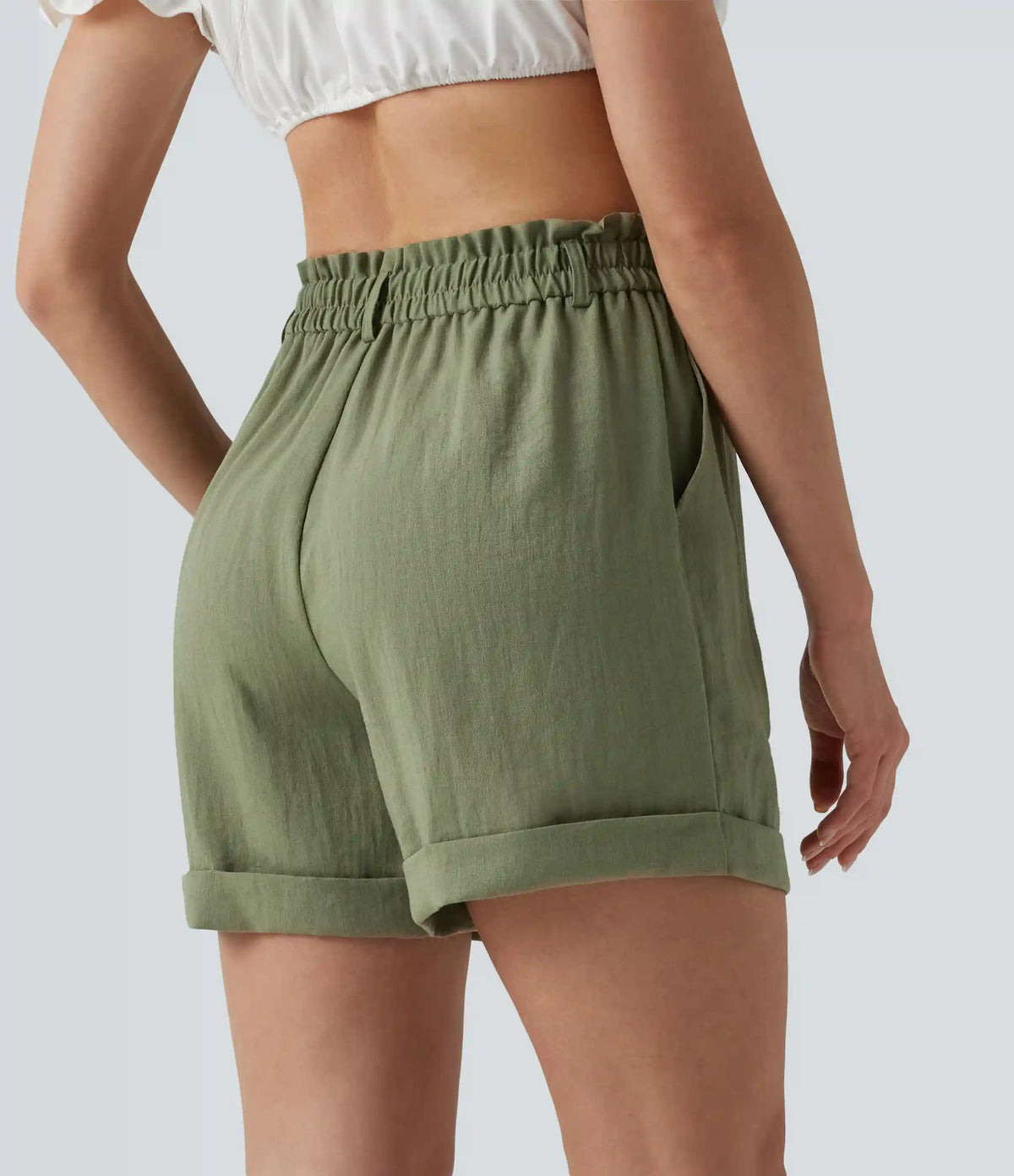 High Waisted Rolled Hem Linen-Feel Resort Shorts 5'' with Pockets