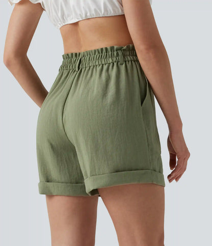 High Waisted Rolled Hem Linen-Feel Resort Shorts 5'' with Pockets