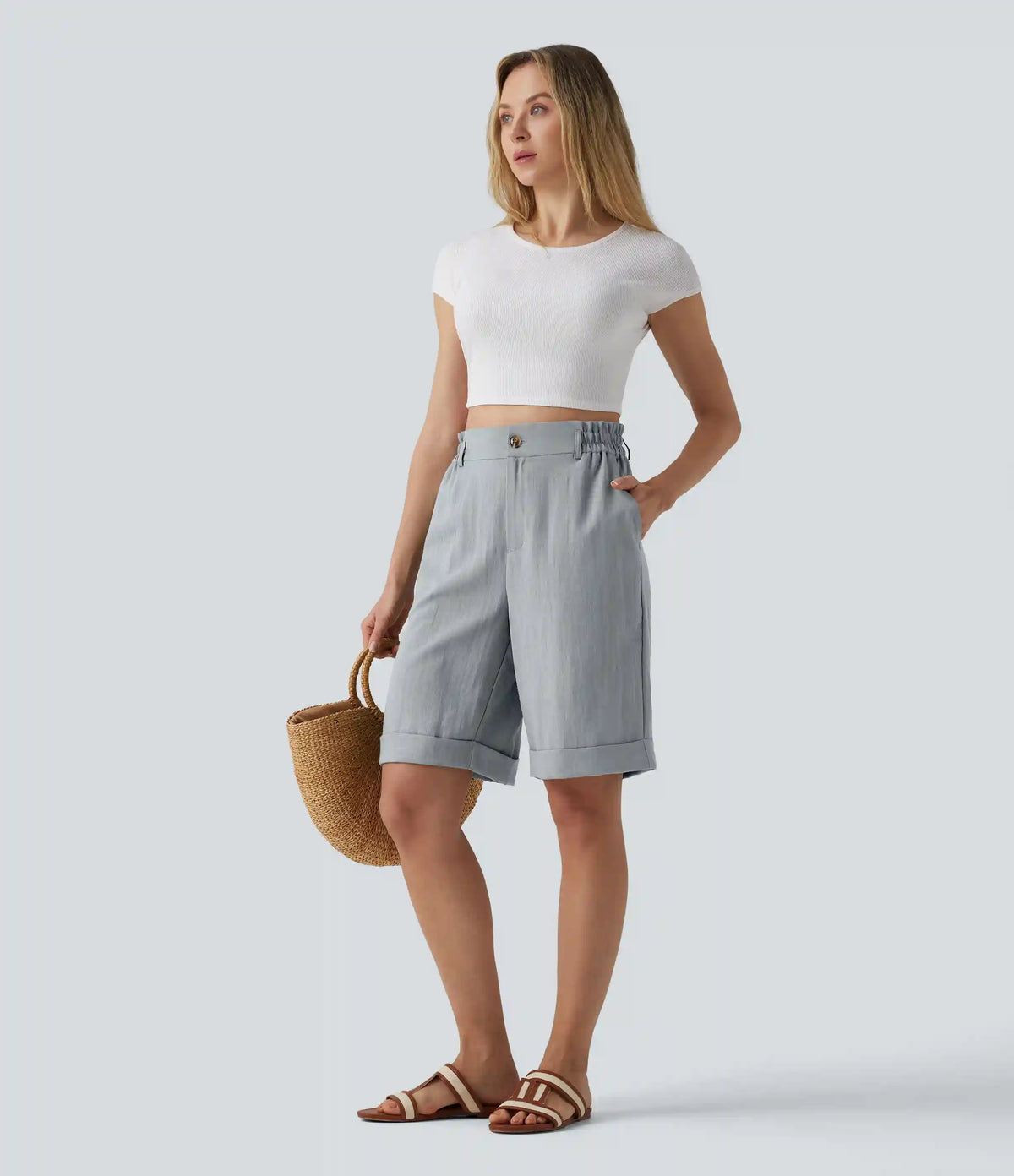 High Waisted Rolled Hem Linen-Feel Resort Bermuda Shorts 10'' with Pockets