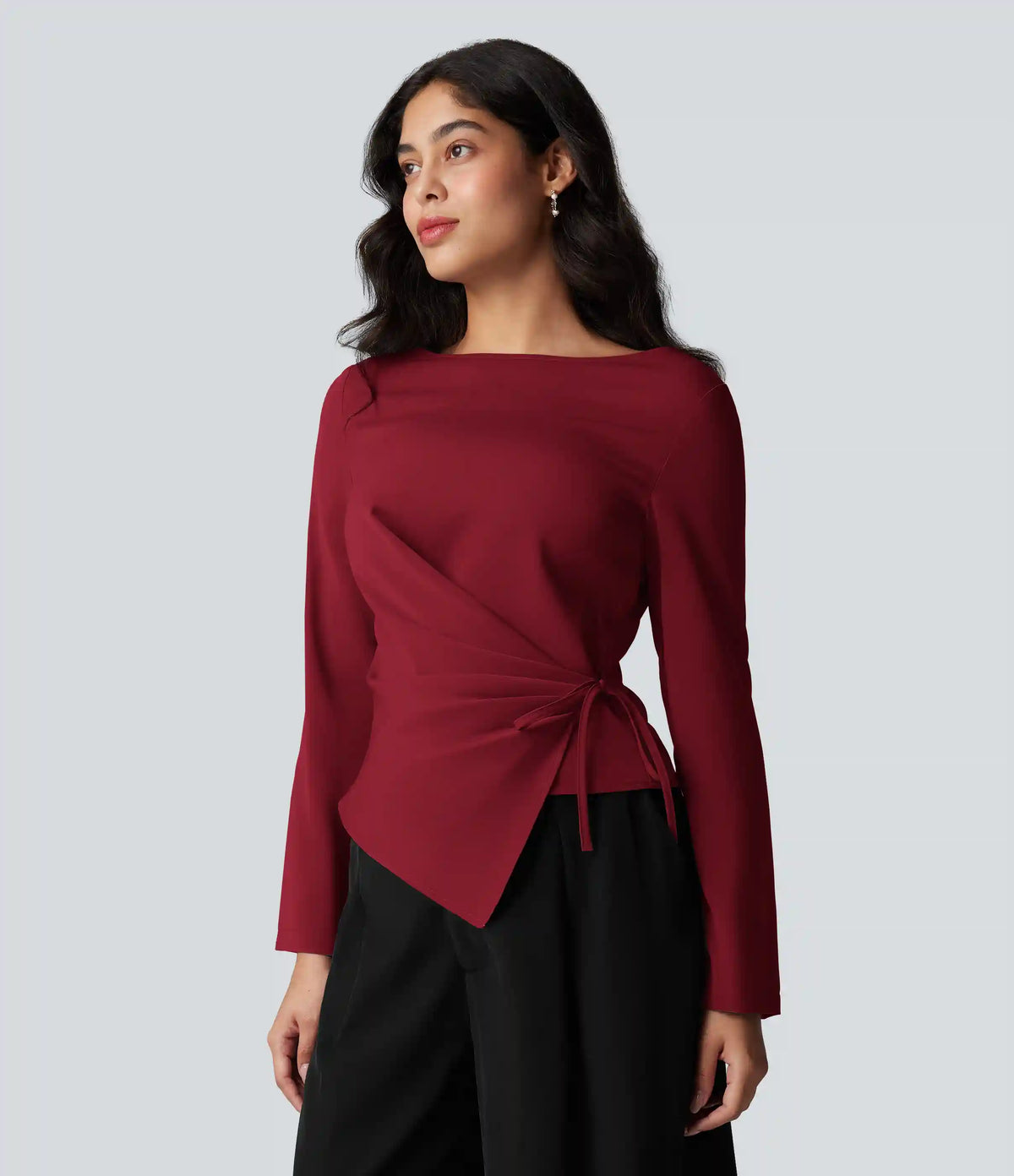 Wrinkle Recovery Boat Neck Long Sleeve Ruched Tie Work Blouse