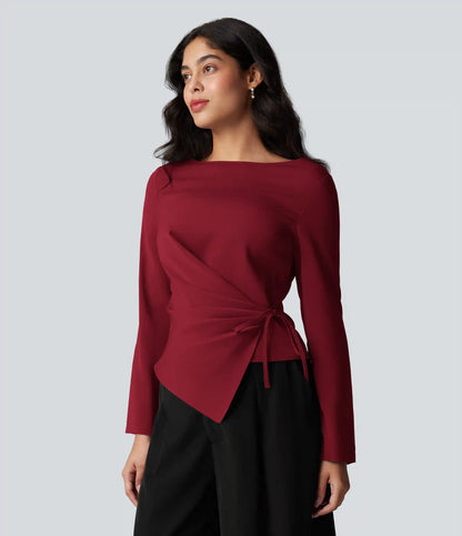 Wrinkle Recovery Boat Neck Long Sleeve Ruched Tie Work Blouse