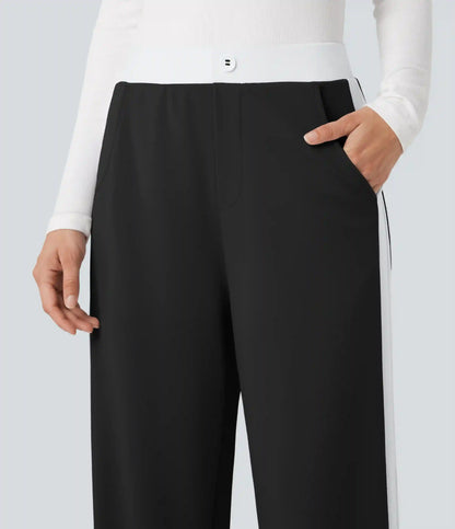 Mid Rise Color Block Split Work Straight Leg Pants with Pockets