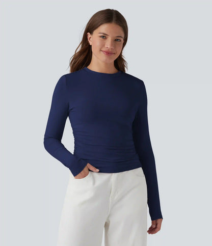 Round Neck Long Sleeve Ruched Casual Top