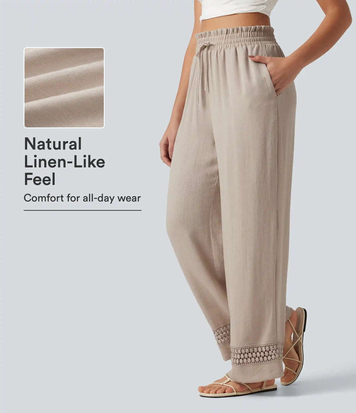 High Waisted Drawstring Casual Linen-Feel Pants with Pockets