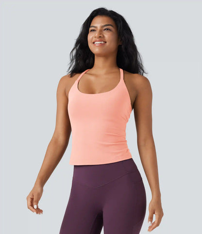 Scoop Neck Crisscross Back Crossover Hem Yoga Cami Top