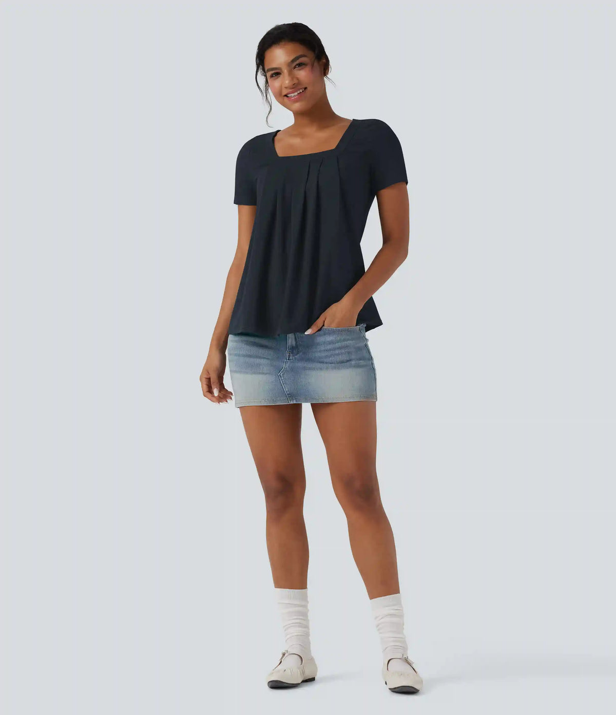 Square Neck Short Sleeve Casual Blouse