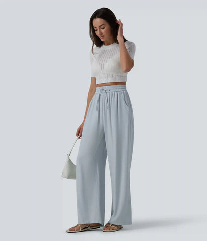 High Waisted Drawstring Wide Leg Casual Linen-Blend Pants with Pockets