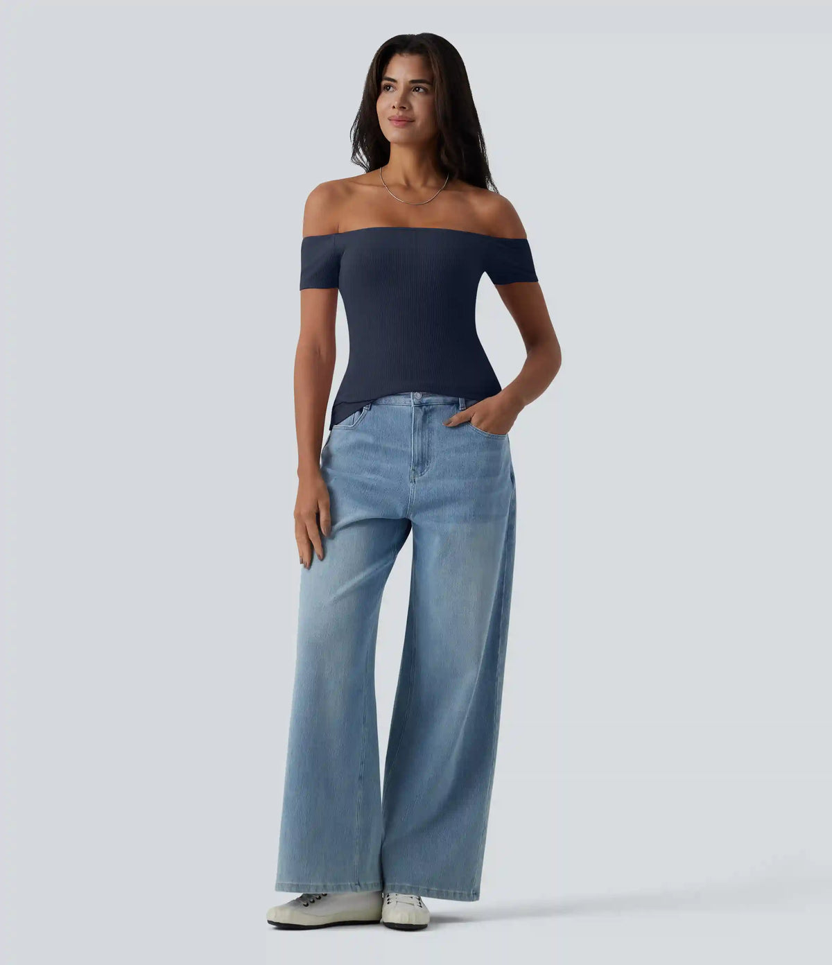 Ribbed Knit Off Shoulder Short Sleeve 2-in-1 Casual Top