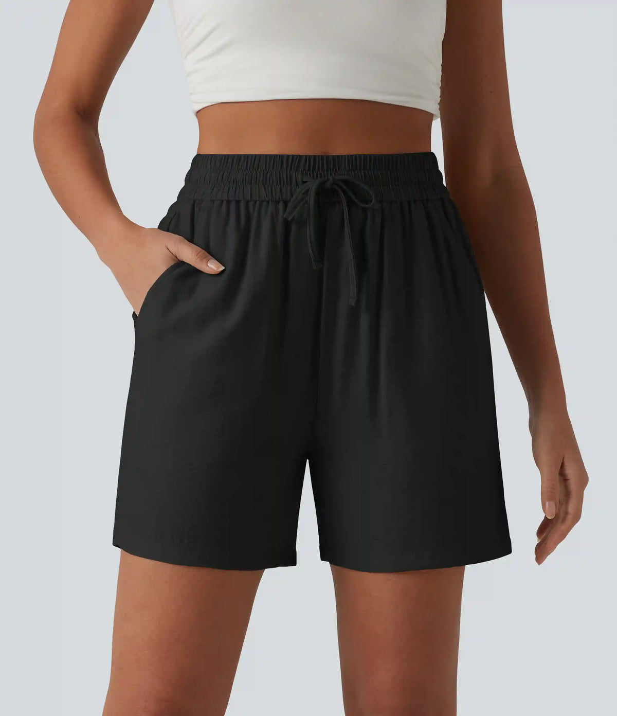 High Waisted Drawstring Casual Linen-Blend Baggy Shorts 5'' with Pockets