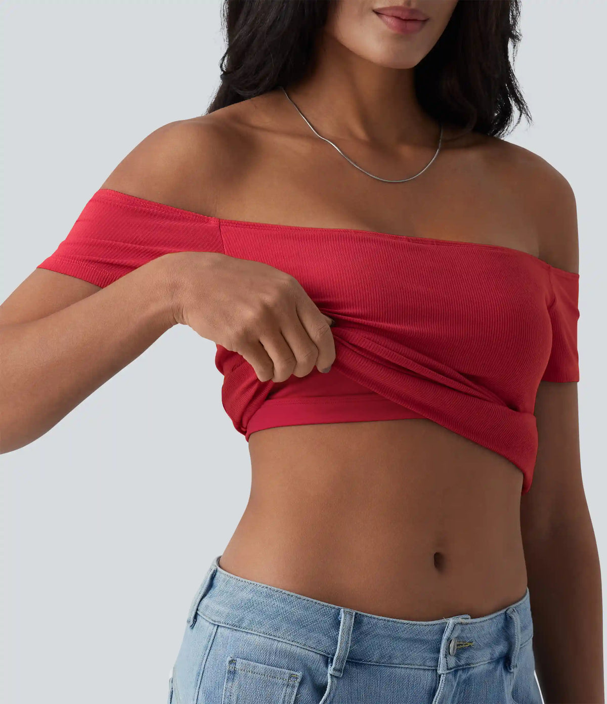 Ribbed Knit Off Shoulder Short Sleeve 2-in-1 Casual Top
