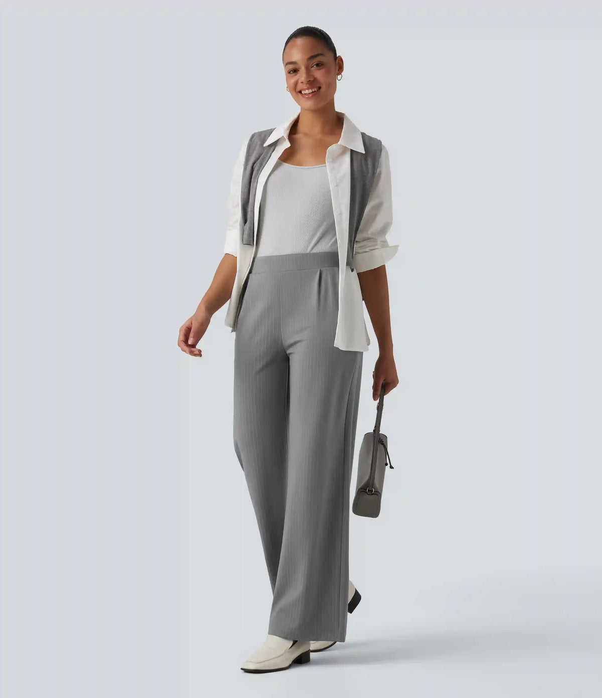 High Waisted Stripes Work Wide Leg Pants with Pockets