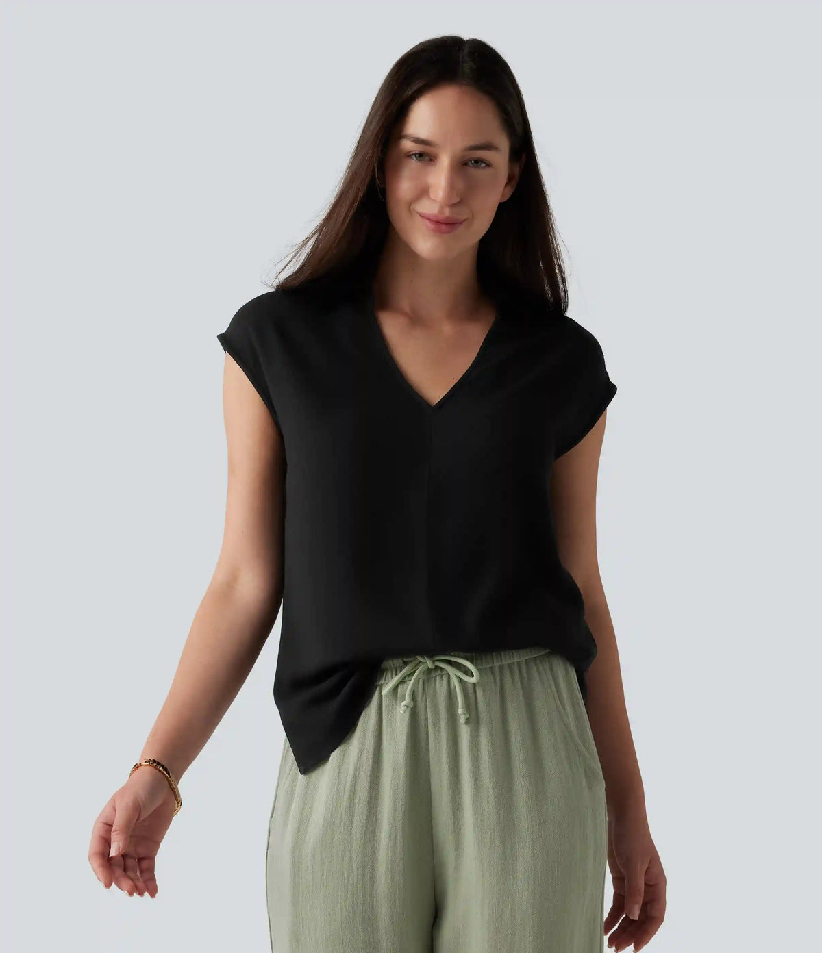 V-neck Sleeveless Split Hem Work Linen-Blend Blouse