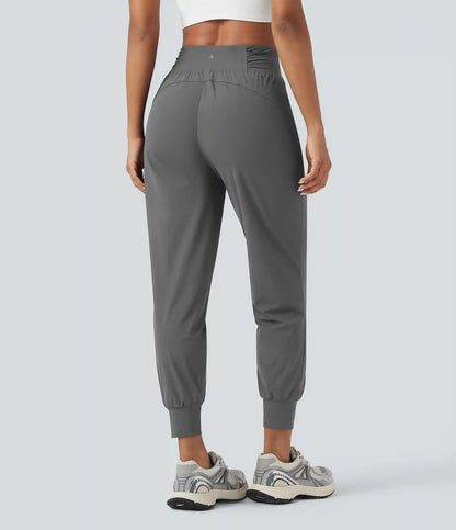 High Waisted Drawstring Ruched Tapered Quick Dry Cool Touch Dance Joggers with Pockets-UPF40+