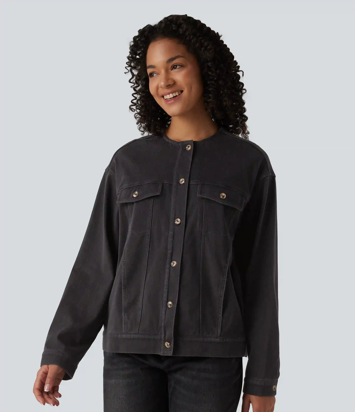 Halara Flex™ Round Neck Long Sleeve Denim Casual Jacket with Pockets