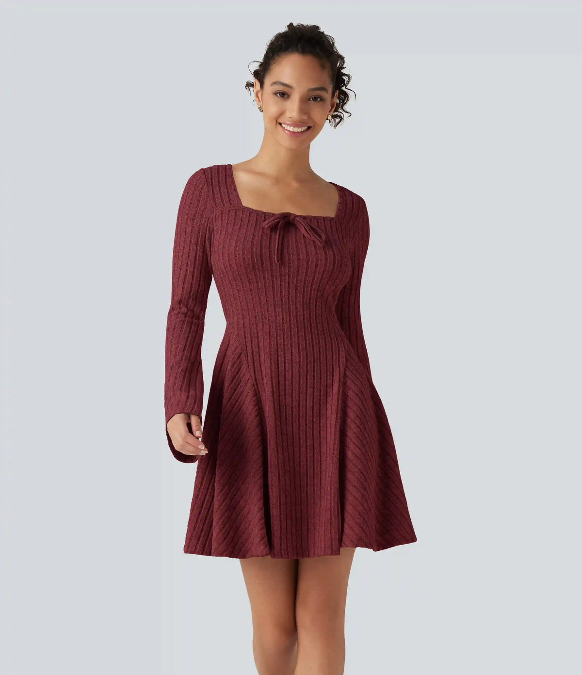Ribbed Knit Square Neck Flounce Long Sleeve Decorative Knot Flare Mini Casual Dress
