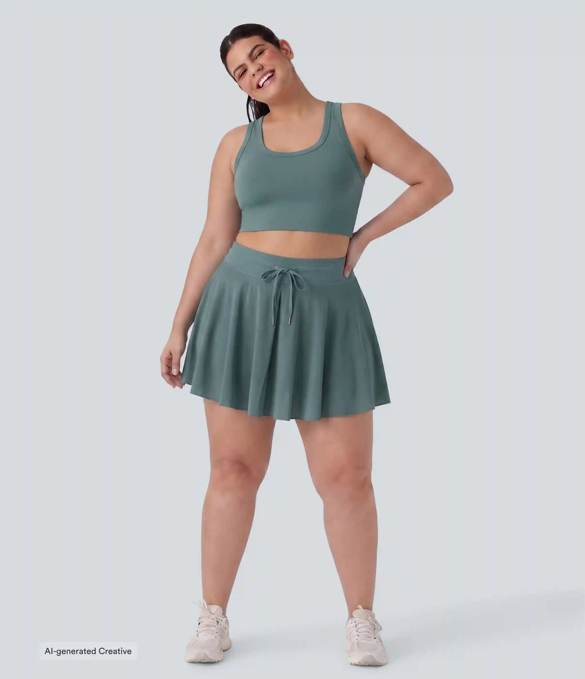 Plus Size High Waisted Drawstring Contrast Mesh 2-in-1 Flowy Mini Flare Casual Skirt with Pockets-Longer Length