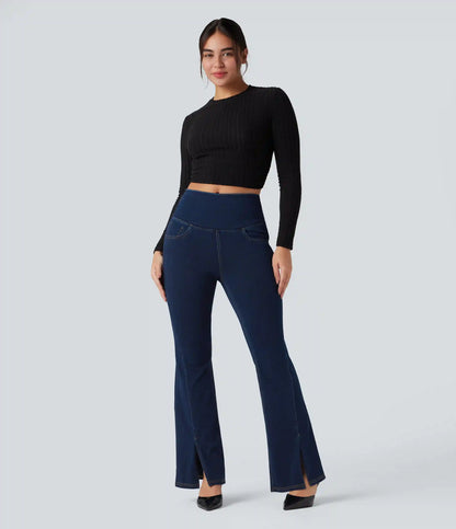 Halara Flex™ High Waisted Crossover Back Split Denim Casual Flare Leggings with Pockets