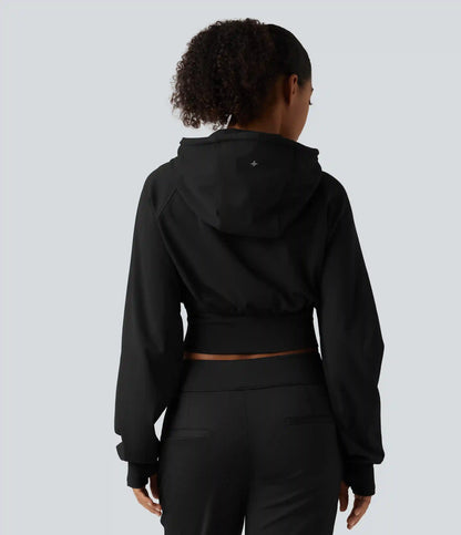Hooded Raglan Sleeve Cropped Yoga Jacket with Hidden Pocket and Thumb Holes