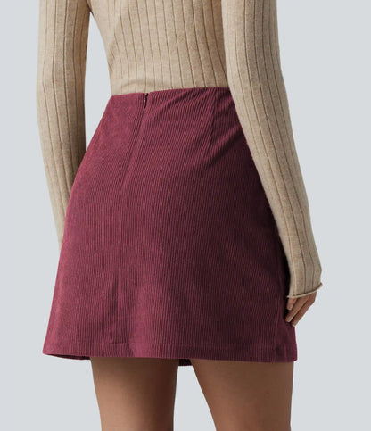 High Waisted Back Zipper Split Hem 2-in-1 Corduroy Casual Skirt-Longer Length