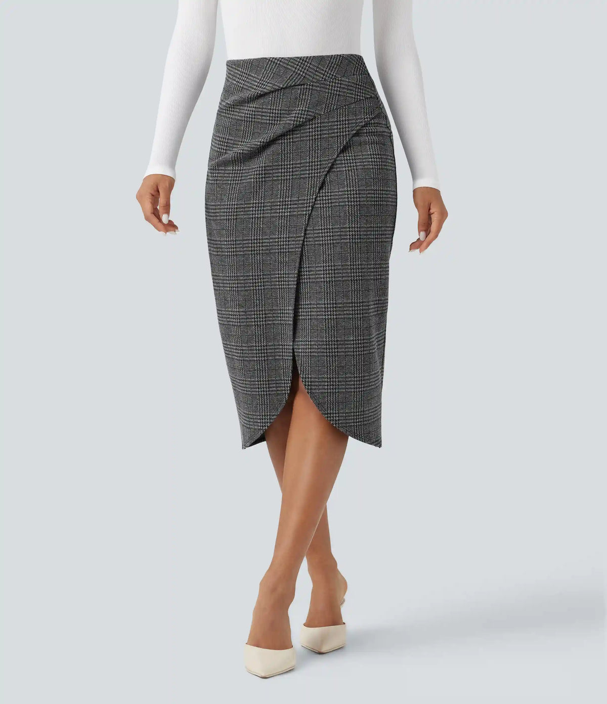 High Waisted 2-in-1 Tulip Hem Houndstooth Plaid Midi Work Skirt